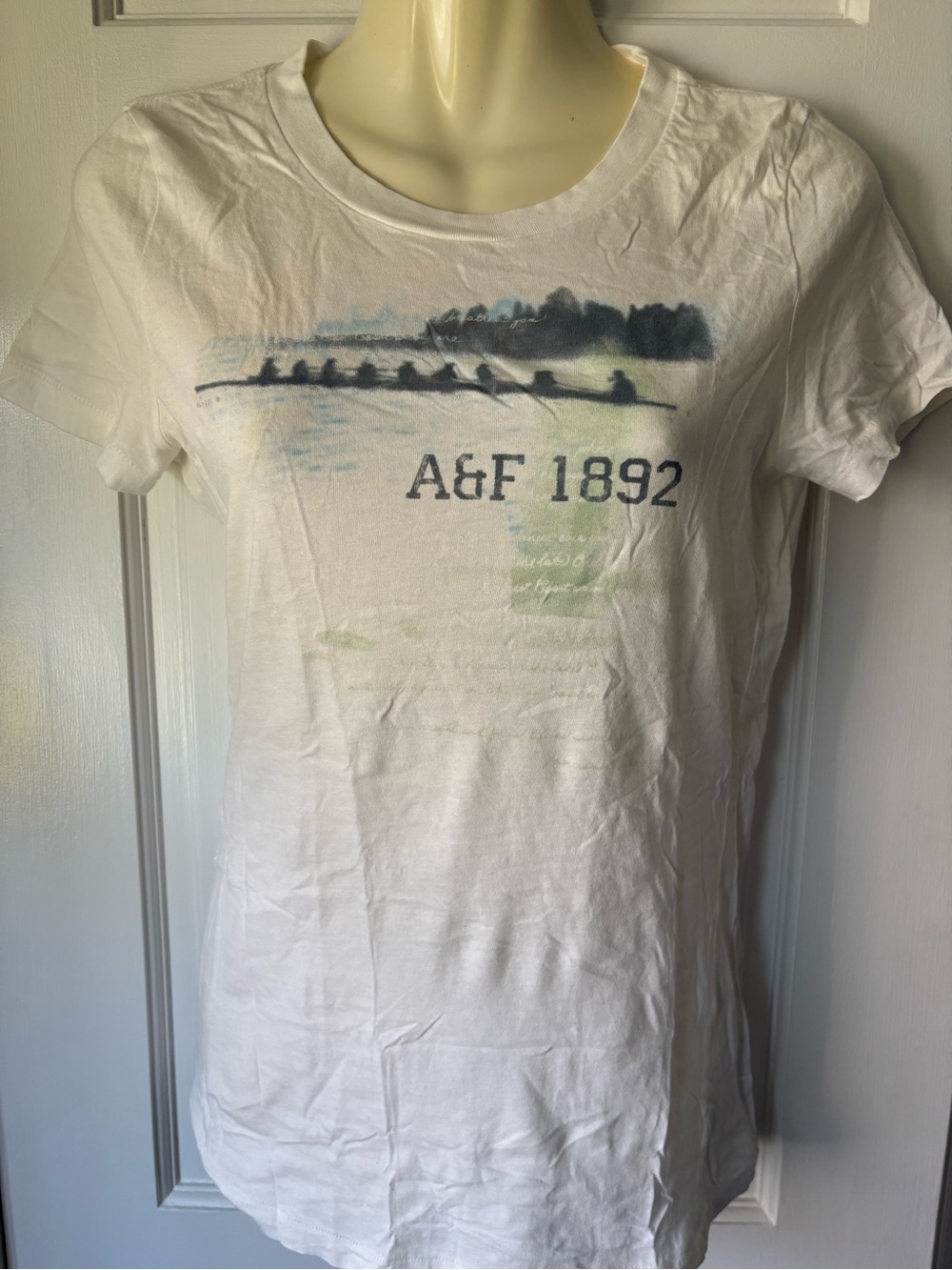 Abercrombie & Fitch White Tee with Blue and Green Rowing Graphic